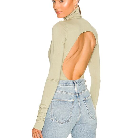 Revolve Green Mockneck Top SMALL Bodycon Backless Bodysuit Song Style $168 NEW